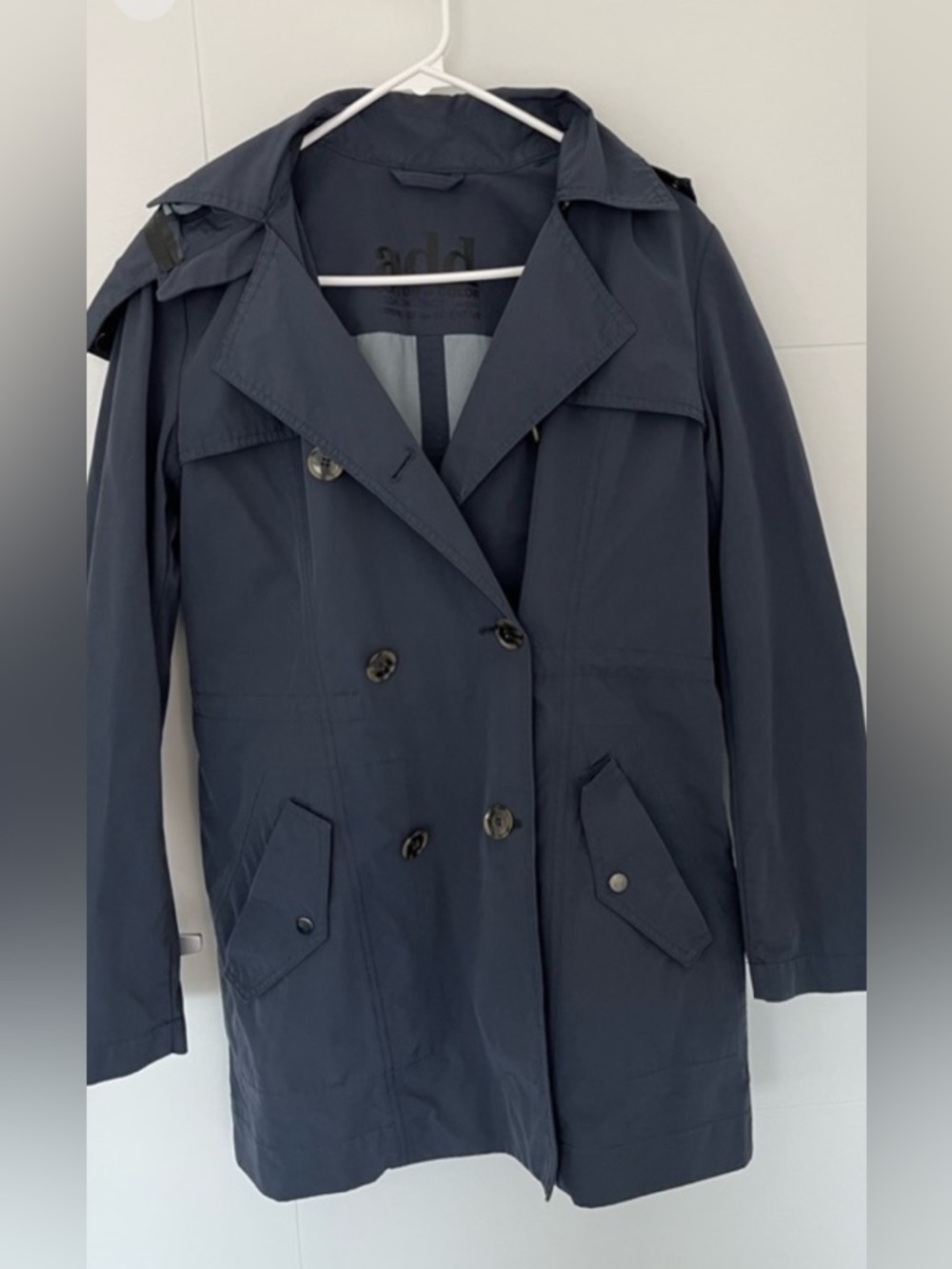ADD Navy Hooded Trench Coat Jacket Size 4 Double Breasted Lightweight Coat